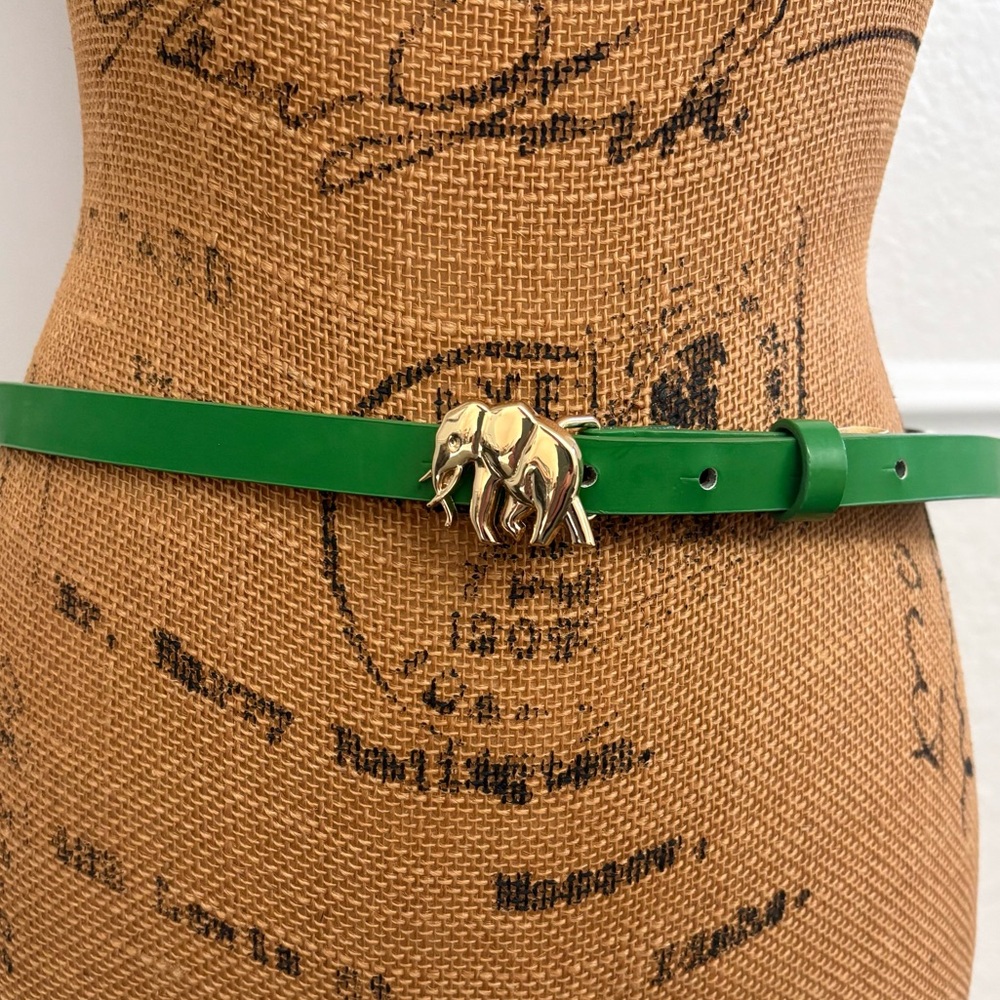 Banana Republic Green Leather Belt with Gold Elephant Buckle